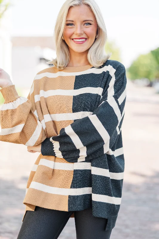Plus Size Women's Sequined Sweaters for Special OccasionsLive It Up Mocha/Black Striped Sweater Plus Size Women's Sequined Sweaters for Special OccasionsLive It Up Mocha/Black Striped Sweater