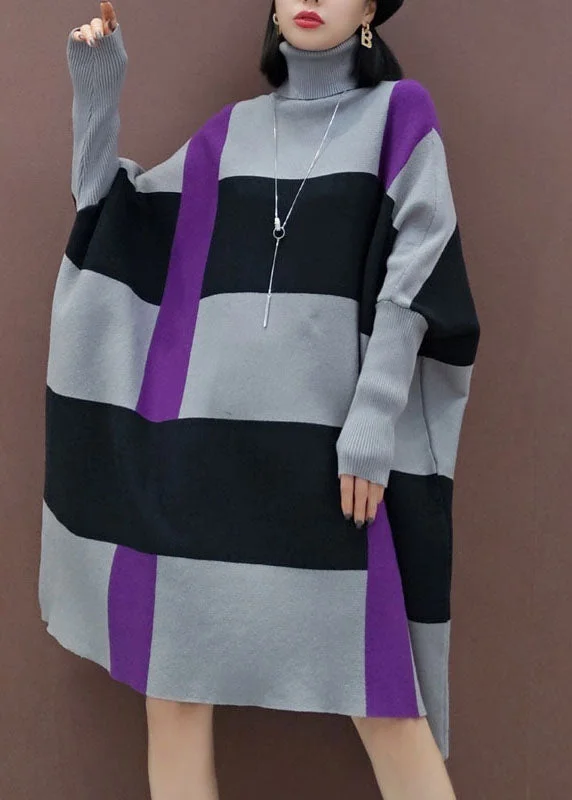A - Line Women's Merino Wool Sweater Dresses in Classic StylesLoose Grey black Striped Knit Dress Long Sleeve A - Line Women's Merino Wool Sweater Dresses in Classic StylesLoose Grey black Striped Knit Dress Long Sleeve