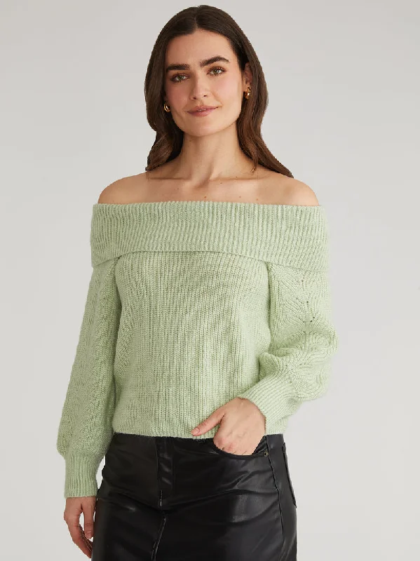 Plus Size Women's Side - Slit Sweaters in Bold SolidsMarisa Relaxed Off Shoulder Sweater in Matcha Plus Size Women's Side - Slit Sweaters in Bold SolidsMarisa Relaxed Off Shoulder Sweater in Matcha