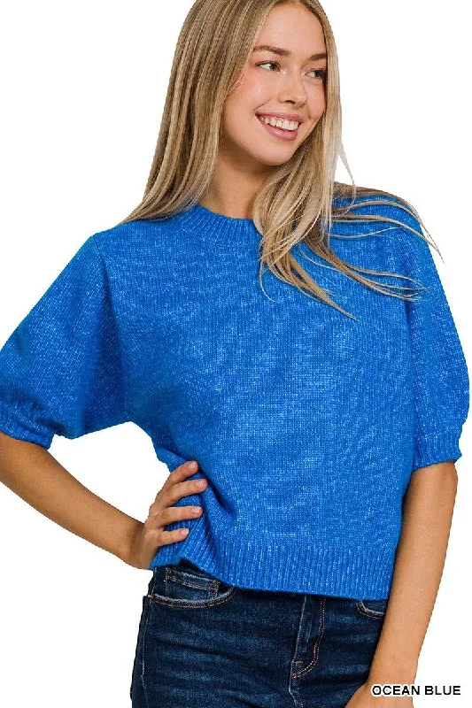 Button - Down Women's Shetland Wool Sweaters in Traditional PatternsMELANGE PUFF SHORT SLEEVE ROUND NECK SWEATER Button - Down Women's Shetland Wool Sweaters in Traditional PatternsMELANGE PUFF SHORT SLEEVE ROUND NECK SWEATER