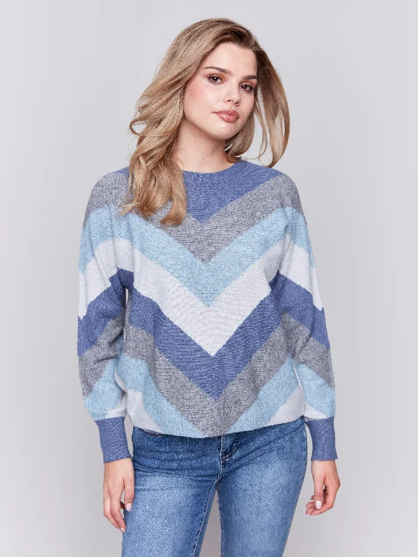 Short Sleeve Women's Cotton Blend Sweaters in Pastel ColorsMitered Stripe Sweater - Denim Short Sleeve Women's Cotton Blend Sweaters in Pastel ColorsMitered Stripe Sweater - Denim