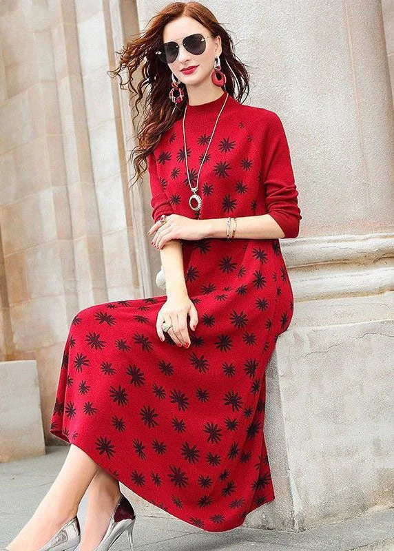 Belted Women's Cotton Blend Sweater Dresses for a Casual LookModern Red High Neck Print Exra Large Hem Fine Knitted Long Dress Long Sleeve Belted Women's Cotton Blend Sweater Dresses for a Casual LookModern Red High Neck Print Exra Large Hem Fine Knitted Long Dress Long Sleeve