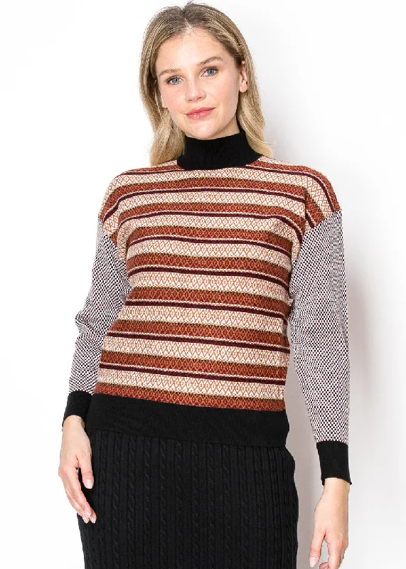 V - Neck Women's Ribbed Wool Sweaters for FallMulti-Pattern Rust and Black Sweater