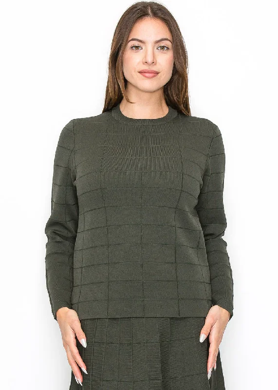 Boat Neck Women's Merino Wool Sweaters in Neutral ShadesOlive Grid Knit Sweater