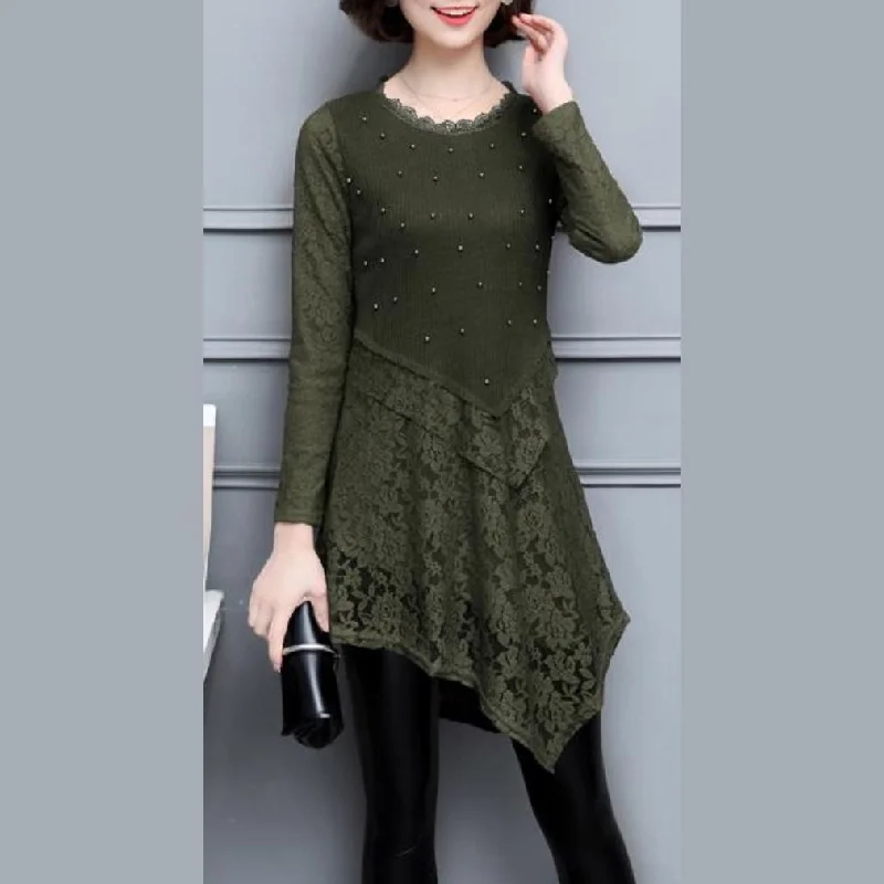 Patchwork lace knit dresses baggy loose slim o neck women dress