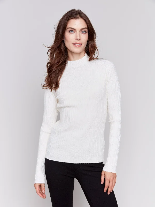 Hooded Women's Fleece - Lined Sweaters for WinterRibbed Knit Mock Neck Sweater - Ecru Hooded Women's Fleece - Lined Sweaters for WinterRibbed Knit Mock Neck Sweater - Ecru
