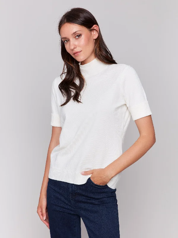 Split - Hem Women's Linen Blend Sweaters for SpringShort Sleeve Mock Neck Sweater - Ecru Split - Hem Women's Linen Blend Sweaters for SpringShort Sleeve Mock Neck Sweater - Ecru