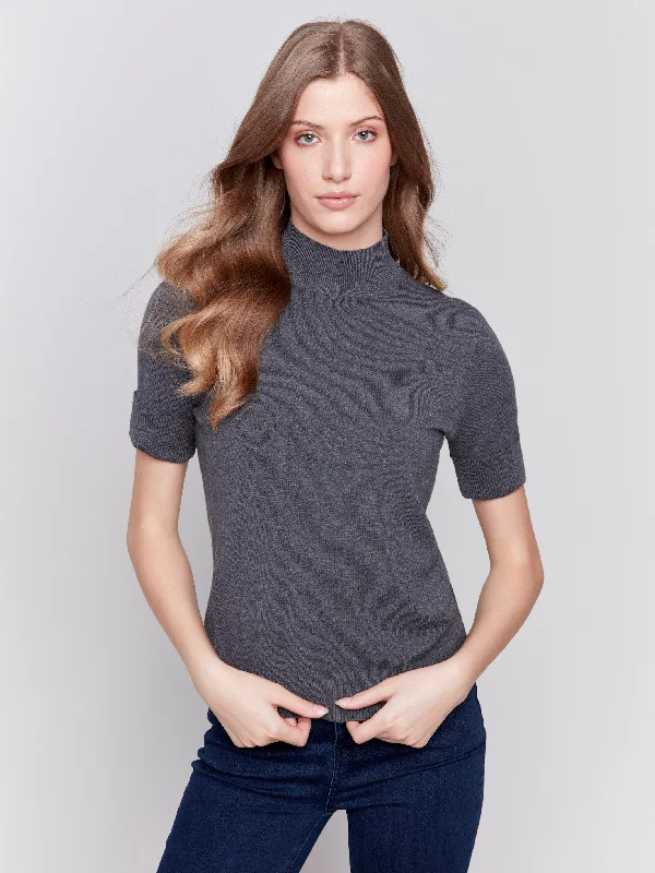 Plus Size Women's Sequined Sweaters for Special OccasionsShort Sleeve Mock Neck Sweater - Charcoal Plus Size Women's Sequined Sweaters for Special OccasionsShort Sleeve Mock Neck Sweater - Charcoal