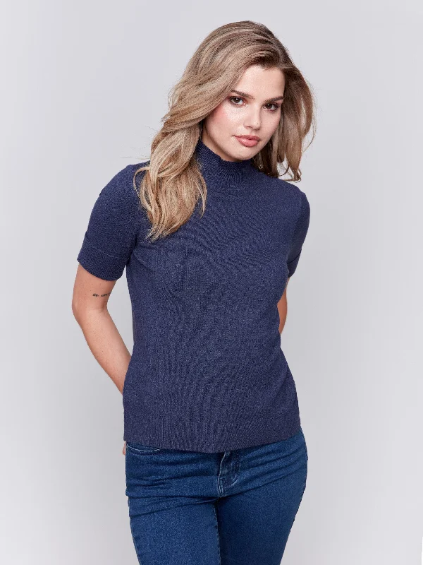 Short Sleeve Women's Cotton Blend Sweaters in Pastel ColorsShort Sleeve Mock Neck Sweater - Denim Short Sleeve Women's Cotton Blend Sweaters in Pastel ColorsShort Sleeve Mock Neck Sweater - Denim