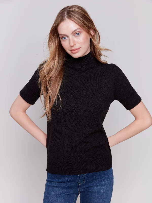 Cropped Women's Angora Blend Sweaters for a Trendy LookShort Sleeve Mock Neck Sweater - Black Cropped Women's Angora Blend Sweaters for a Trendy LookShort Sleeve Mock Neck Sweater - Black
