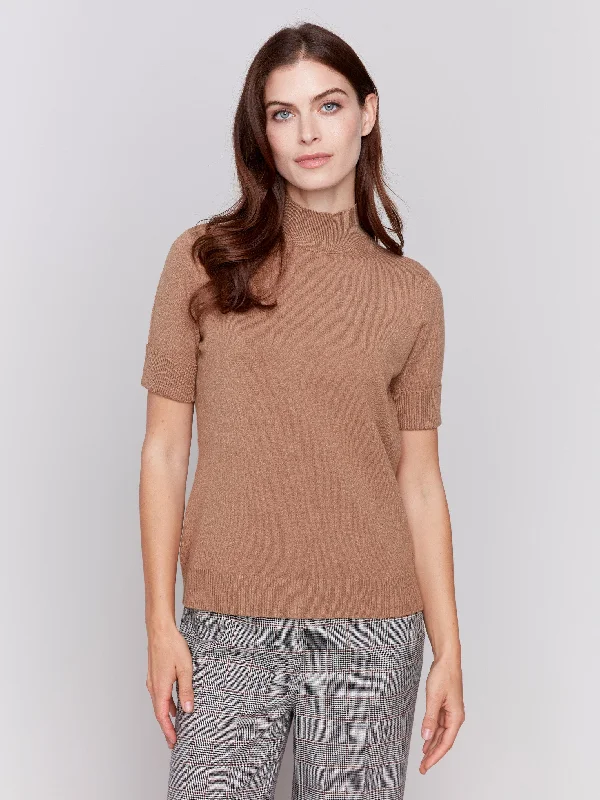 Tie - Front Women's Lambswool Sweaters in Pastel HuesShort Sleeve Mock Neck Sweater - Truffle Tie - Front Women's Lambswool Sweaters in Pastel HuesShort Sleeve Mock Neck Sweater - Truffle