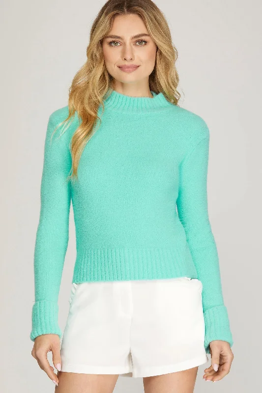 Short Sleeve Women's Cotton Blend Sweaters in Pastel ColorsSky Long Sleeve Mock Neck Fuzzy Sweater Short Sleeve Women's Cotton Blend Sweaters in Pastel ColorsSky Long Sleeve Mock Neck Fuzzy Sweater