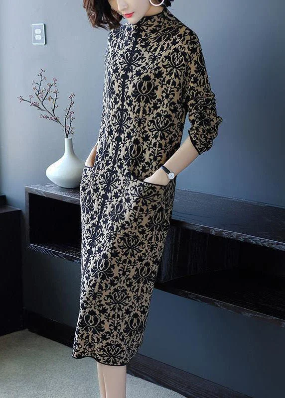 Slim Fit Navy Stand Collar Print Pockets Long Knit Dress Winter