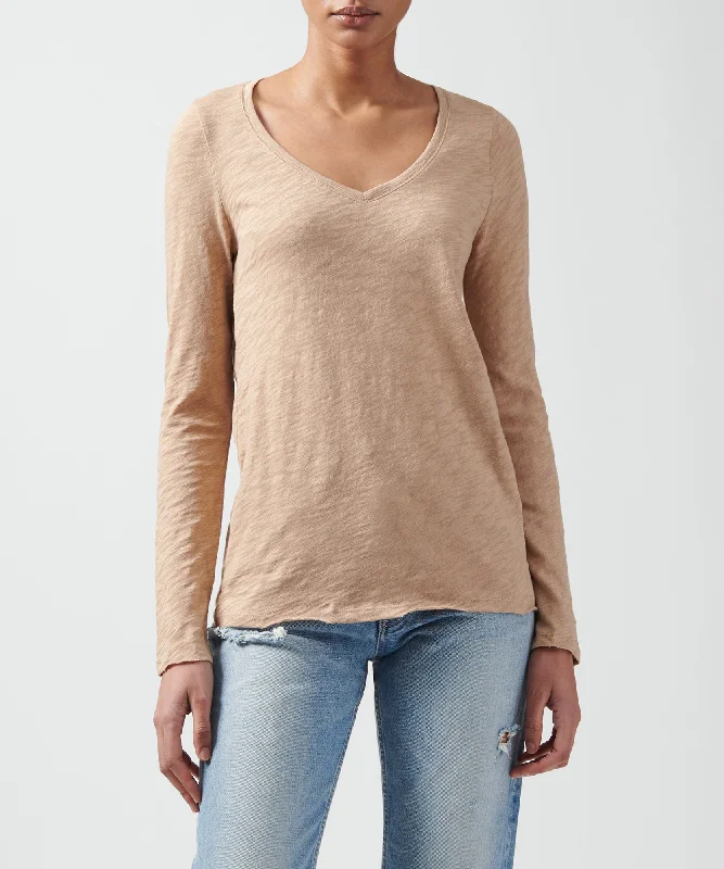 Striped Women T Shirt in a Classic PatternSlub Jersey Long Sleeve V-Neck Tee - Camel Striped Women T Shirt in a Classic PatternSlub Jersey Long Sleeve V-Neck Tee - Camel