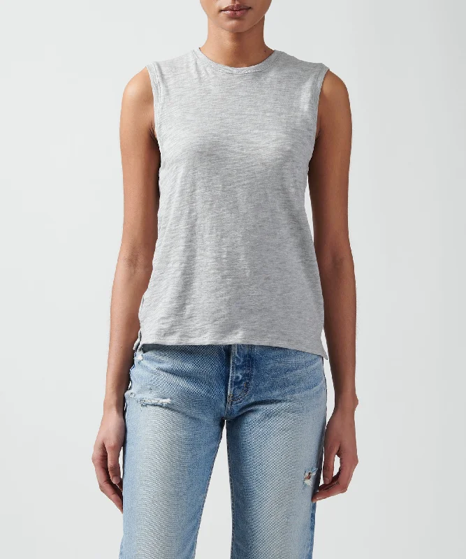 Embroidered Women T Shirt with Intricate DetailsSlub Jersey Sleeveless Schoolboy Tee - Heather Grey Embroidered Women T Shirt with Intricate DetailsSlub Jersey Sleeveless Schoolboy Tee - Heather Grey