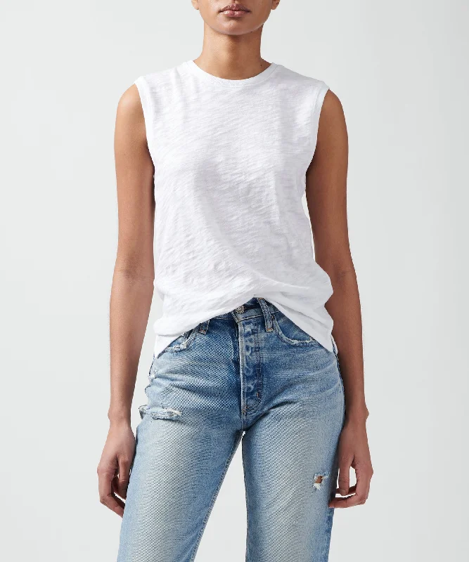Floral Print Women T Shirt for a Feminine TouchSlub Jersey Sleeveless Schoolboy Tee - White Floral Print Women T Shirt for a Feminine TouchSlub Jersey Sleeveless Schoolboy Tee - White