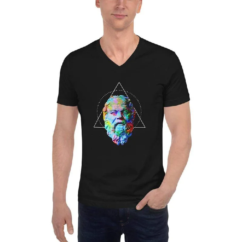 Embroidered Women T Shirt with Intricate DetailsSocrates - Vivid Colours For Trippy Heads - Unisex V-Neck T-Shirt Embroidered Women T Shirt with Intricate DetailsSocrates - Vivid Colours For Trippy Heads - Unisex V-Neck T-Shirt
