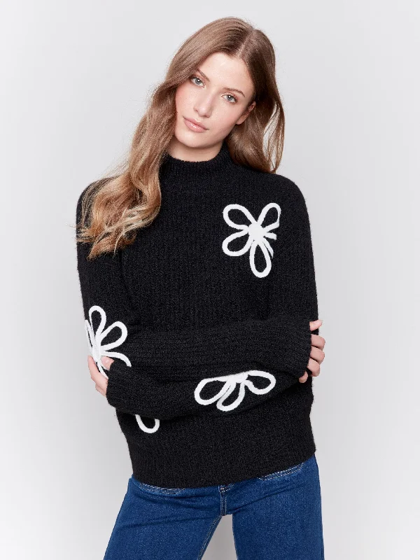 Hooded Women's Fleece - Lined Sweaters for WinterMock Neck Floral Sweater - Black