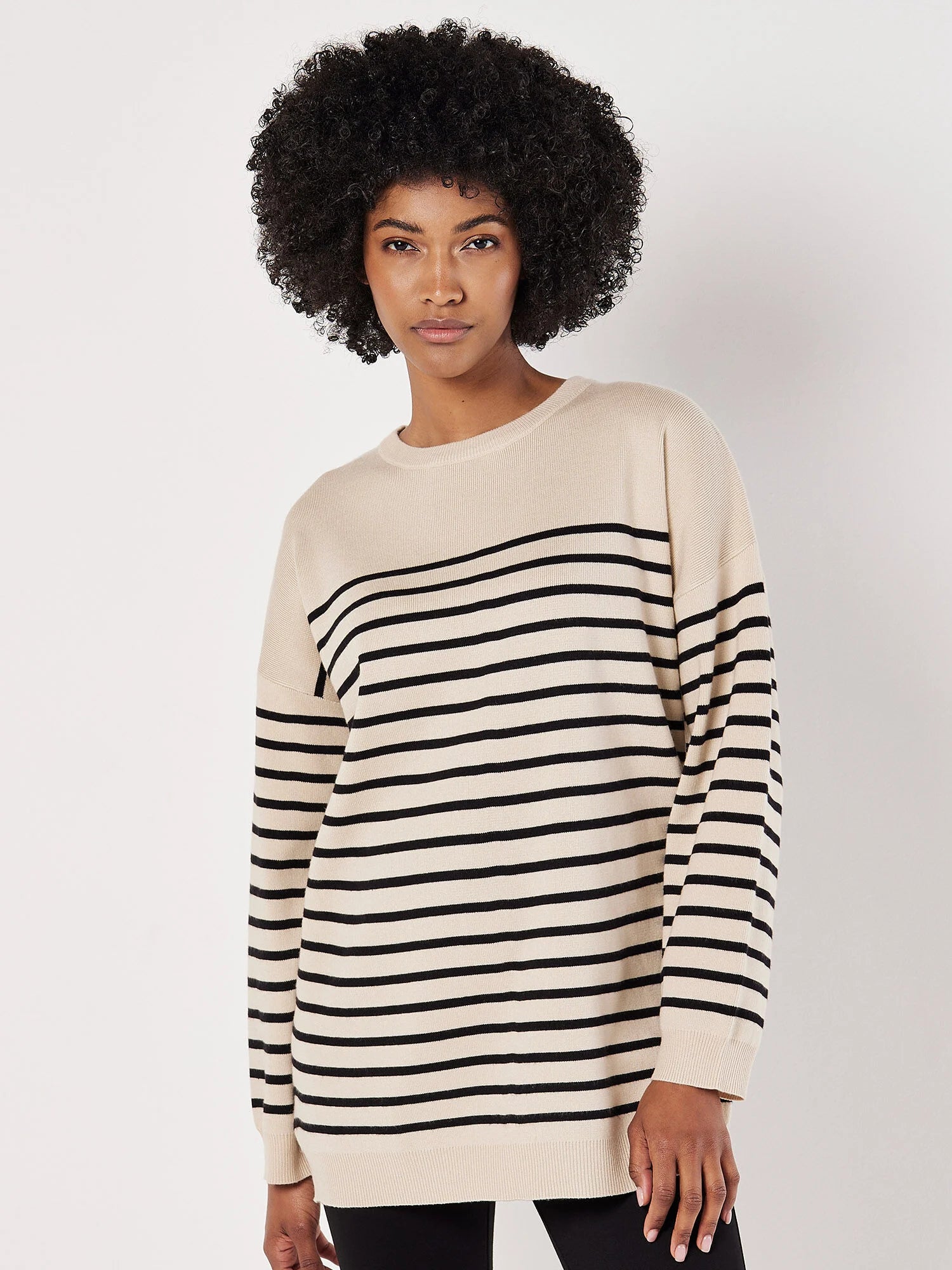 Plus Size Women's Embroidered Sweaters in Ethnic StylesStriped Knit Tunic Sweater in Stone/Black Plus Size Women's Embroidered Sweaters in Ethnic StylesStriped Knit Tunic Sweater in Stone/Black