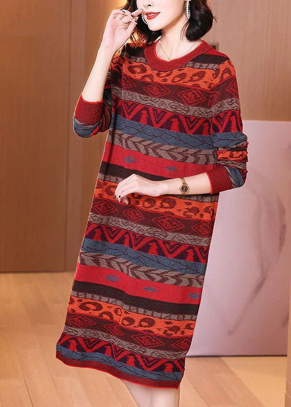 Midi - Length Women's Shetland Wool Sweater Dresses in Traditional PatternsStyle Red O-Neck Striped Thick Long Knit Dress Long Sleeve Midi - Length Women's Shetland Wool Sweater Dresses in Traditional PatternsStyle Red O-Neck Striped Thick Long Knit Dress Long Sleeve