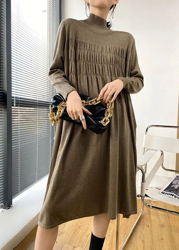 Plus Size Women's Tunic - Style Sweater Dresses with PocketsStylish Khaki High Neck Oversized Wrinkled Knit Dresses Spring Plus Size Women's Tunic - Style Sweater Dresses with PocketsStylish Khaki High Neck Oversized Wrinkled Knit Dresses Spring