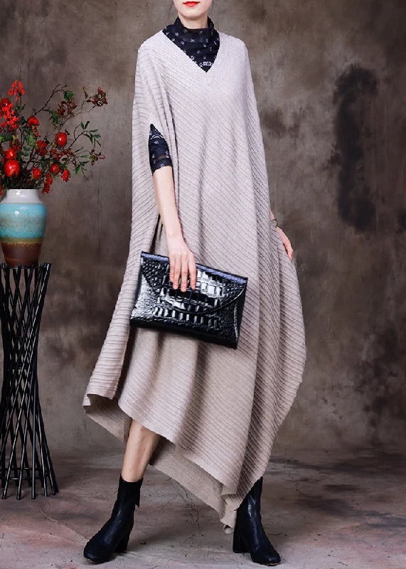 Plus Size Women's Asymmetric Hem Sweater Dresses in Modern DesignsVintage Beige V Neck Asymmetrical Woolen Knit Long Sweater Fall Plus Size Women's Asymmetric Hem Sweater Dresses in Modern DesignsVintage Beige V Neck Asymmetrical Woolen Knit Long Sweater Fall