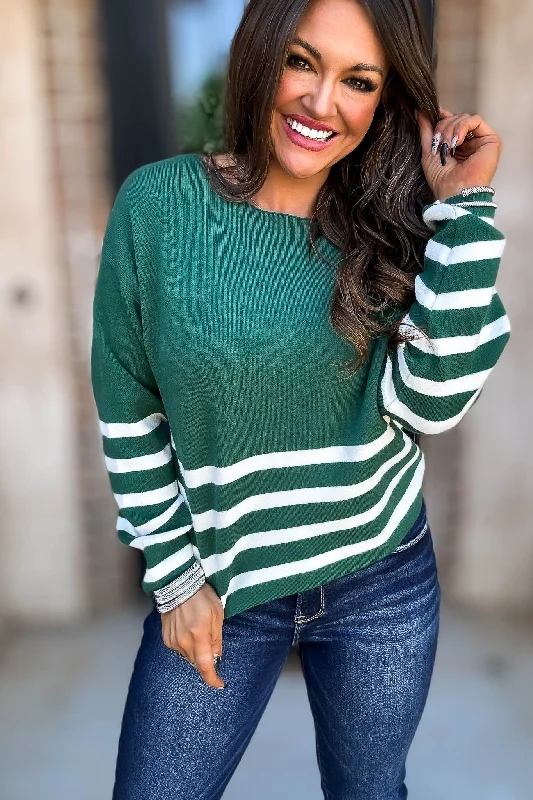 Plus Size Women's Oversized Chunky Knit SweatersViscose Hunter Green And Ivory Striped Sweater Plus Size Women's Oversized Chunky Knit SweatersViscose Hunter Green And Ivory Striped Sweater