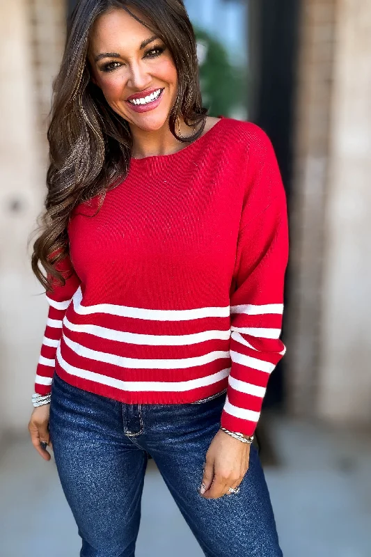 High - Low Hem Women's Cashmere - Blended SweatersViscose Red And Ivory Striped Sweater High - Low Hem Women's Cashmere - Blended SweatersViscose Red And Ivory Striped Sweater