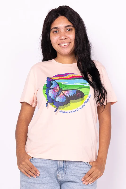 Puff Sleeve Women T Shirt for a Fashion - Forward LookWalbul-walbul Dreaming (Butterfly) Pale Pink Cotton Crew Neck Women's T-Shirt