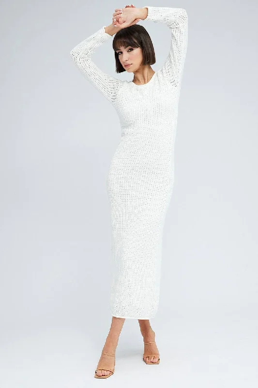 Women's Off - Shoulder Chunky Knit Sweater Dresses in Earth TonesWhite Crochet Maxi Knit Dress Women's Off - Shoulder Chunky Knit Sweater Dresses in Earth TonesWhite Crochet Maxi Knit Dress