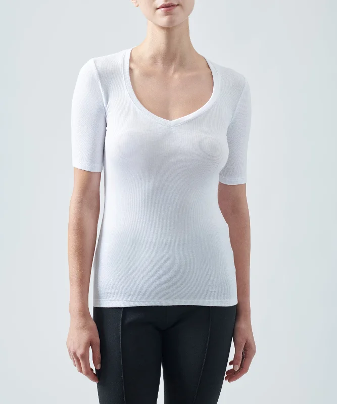 Sequined Women T Shirt for a Sparkly Night OutModal Rib Short Sleeve V-Neck Tee - White Sequined Women T Shirt for a Sparkly Night OutModal Rib Short Sleeve V-Neck Tee - White