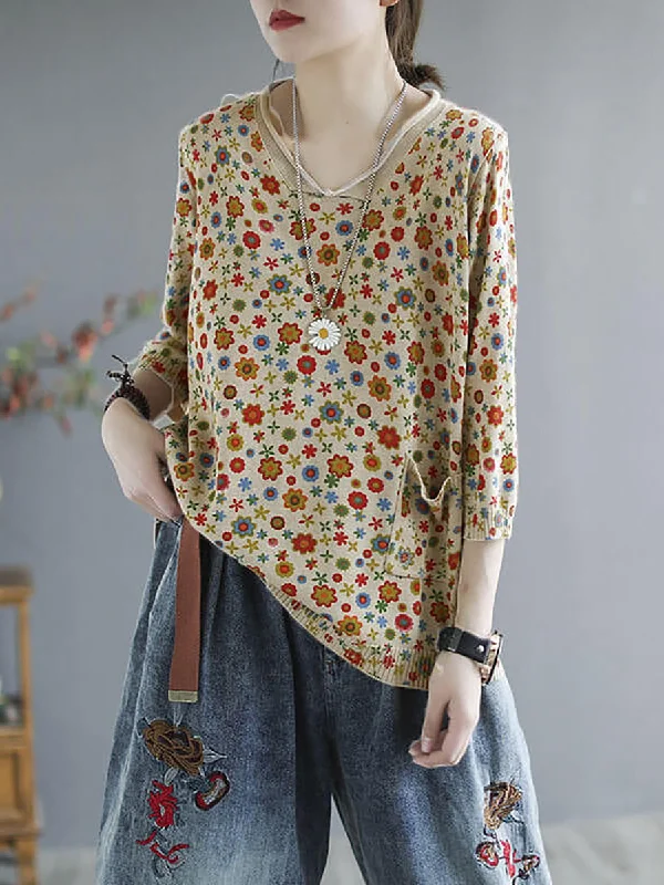 Plus Size Women's Ruffled Hem Sweaters in Floral PrintsWomen Floral Fall Knitted Casual Print Pocket Sweater Plus Size Women's Ruffled Hem Sweaters in Floral PrintsWomen Floral Fall Knitted Casual Print Pocket Sweater