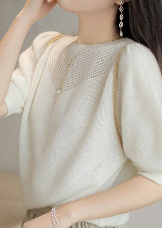 Bell - Sleeve Women's Mohair - Wool Blend SweatersWomen White O-Neck Hollow Out Wool Sweaters Puff Sleeve Bell - Sleeve Women's Mohair - Wool Blend SweatersWomen White O-Neck Hollow Out Wool Sweaters Puff Sleeve