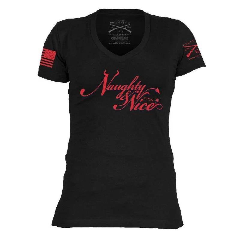 Long Sleeve Women T Shirt for Cooler WeatherWomen's Naughty and Nice V-Neck - Black