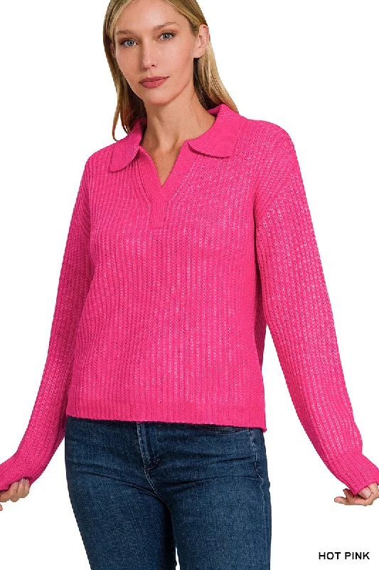 Plus Size Women's Ruffled Hem Sweaters in Floral PrintsZoey Melange Collared V-Neck Sweater Plus Size Women's Ruffled Hem Sweaters in Floral PrintsZoey Melange Collared V-Neck Sweater