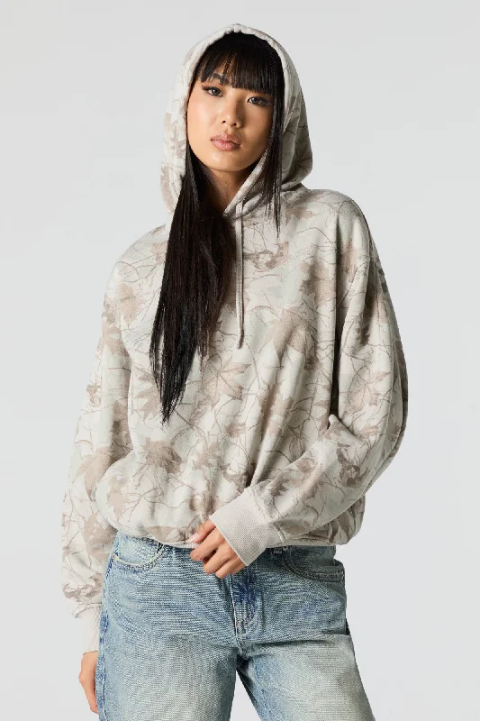 Camo Leaf Print Fleece Hoodie