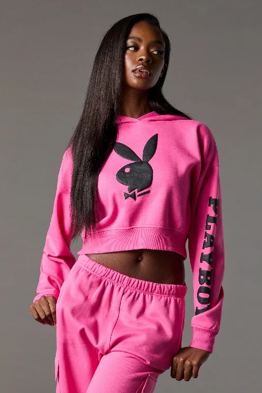 Women's tie - front hoodie in a lightweight fabric for summer layeringPlayboy Graphic Fleece Cropped Hoodie Women's tie - front hoodie in a lightweight fabric for summer layeringPlayboy Graphic Fleece Cropped Hoodie