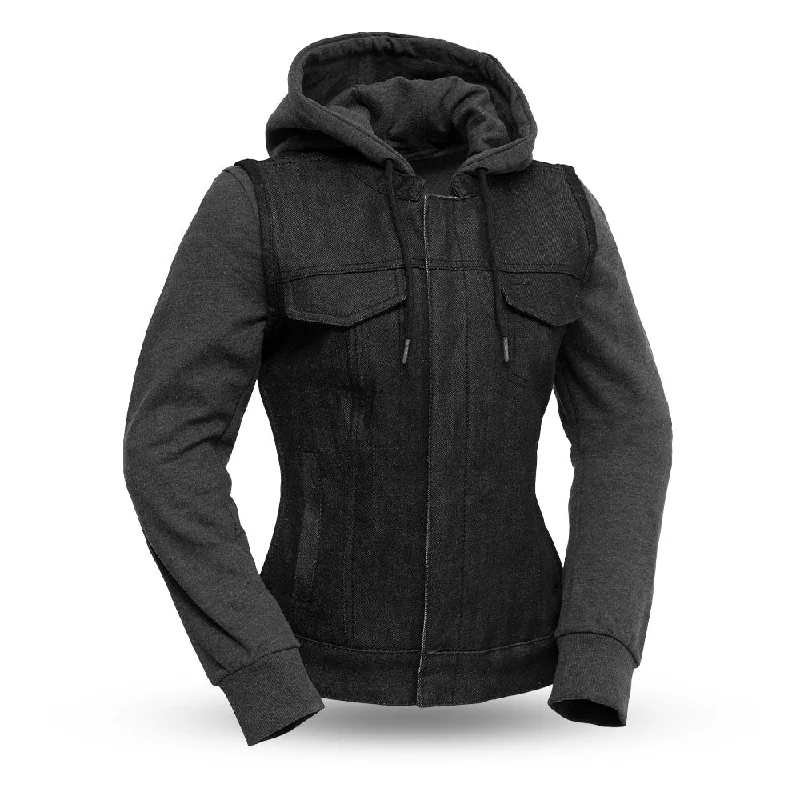 Women's waterproof rain jackets in bright yellow for high - visibility outdoor activitiesALEX Motorcycle Denim Vest ( Removable Sweatshirt ) Women's waterproof rain jackets in bright yellow for high - visibility outdoor activitiesALEX Motorcycle Denim Vest ( Removable Sweatshirt )