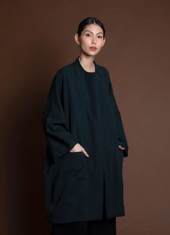 Women's long - line cardigan jackets in a soft knit for a cozy and elegant lookArum Dropped Sleeve Long Zipper Coat - Forest Green/Blue Women's long - line cardigan jackets in a soft knit for a cozy and elegant lookArum Dropped Sleeve Long Zipper Coat - Forest Green/Blue