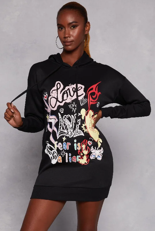 Women's hoodie with a glittery print for a glamorous and sparkly appearanceLove Graffiti Graphic Hoodie Dress Women's hoodie with a glittery print for a glamorous and sparkly appearanceLove Graffiti Graphic Hoodie Dress