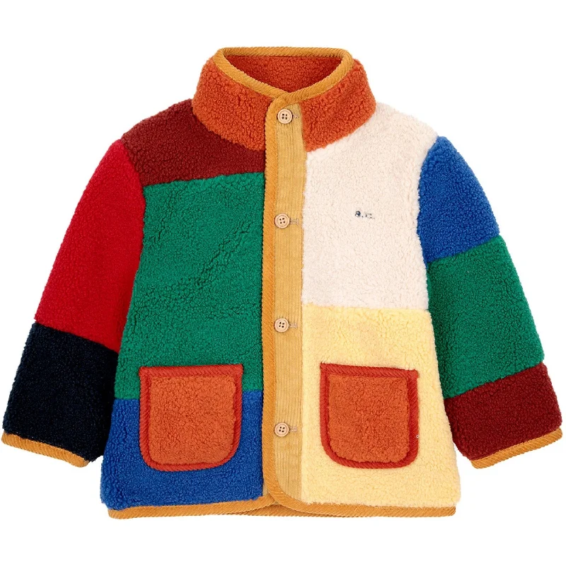 Women's cropped satin jackets in pastel shades for a glamorous evening outBobo Choses Multicolor Color Block Sheepskin Jacket Women's cropped satin jackets in pastel shades for a glamorous evening outBobo Choses Multicolor Color Block Sheepskin Jacket