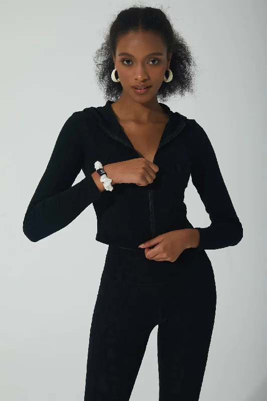 Women's color - block hoodie combining bold hues for a fashion - forward statementLorraine Ribbed Jacket - Black Women's color - block hoodie combining bold hues for a fashion - forward statementLorraine Ribbed Jacket - Black