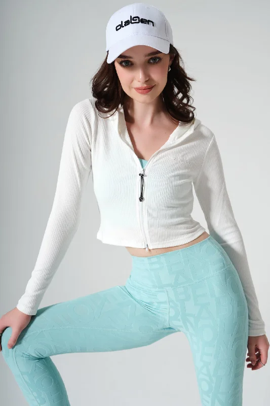 Women's tie - front hoodie in a lightweight fabric for summer layeringLorraine Ribbed Jacket - White Women's tie - front hoodie in a lightweight fabric for summer layeringLorraine Ribbed Jacket - White