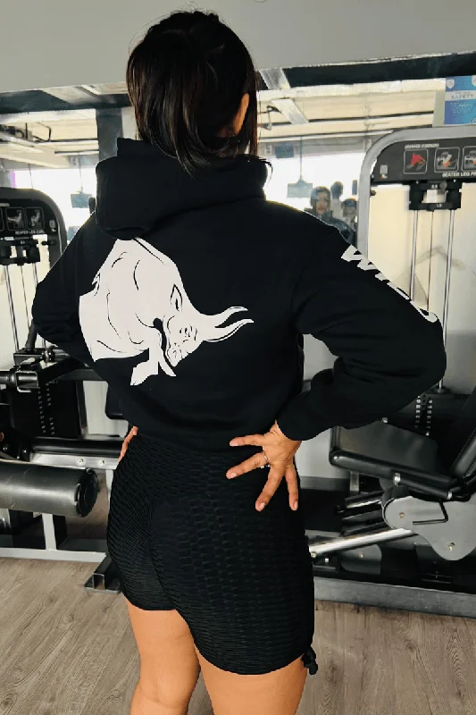 Women's hoodie with a kangaroo pocket and a pom - pom drawstring for added charmSIGNATURE BULL WILD VERVE (CROPPED) HOODIE IN BLACK Women's hoodie with a kangaroo pocket and a pom - pom drawstring for added charmSIGNATURE BULL WILD VERVE (CROPPED) HOODIE IN BLACK