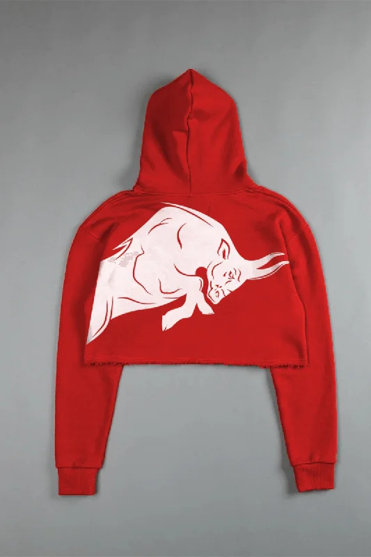 Women's crew - neck sweatshirt in a heather gray shade for a classic and versatile optionSignature White Bull (CROPPED) HOODIE IN RED Women's crew - neck sweatshirt in a heather gray shade for a classic and versatile optionSignature White Bull (CROPPED) HOODIE IN RED