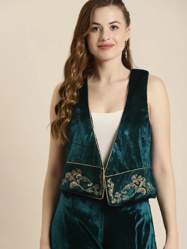 Women's bomber jackets with floral embroidery for a feminine and unique designTeal Embroidered Velvet Waistcoat Women's bomber jackets with floral embroidery for a feminine and unique designTeal Embroidered Velvet Waistcoat
