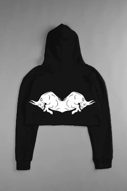 Women's quarter - zip sweatshirt made of organic cotton for eco - conscious fashionWILD BULL (CROPPED) HOODIE IN BLACK Women's quarter - zip sweatshirt made of organic cotton for eco - conscious fashionWILD BULL (CROPPED) HOODIE IN BLACK