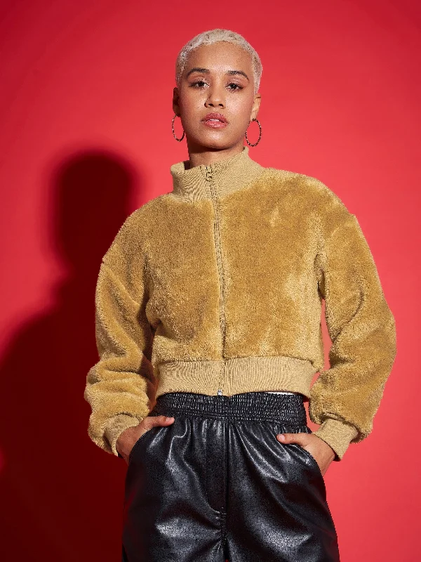 Women's bomber jackets with a holographic finish for a futuristic and eye - catching lookWomen Brown Fur High Neck Crop Bomber Jacket Women's bomber jackets with a holographic finish for a futuristic and eye - catching lookWomen Brown Fur High Neck Crop Bomber Jacket