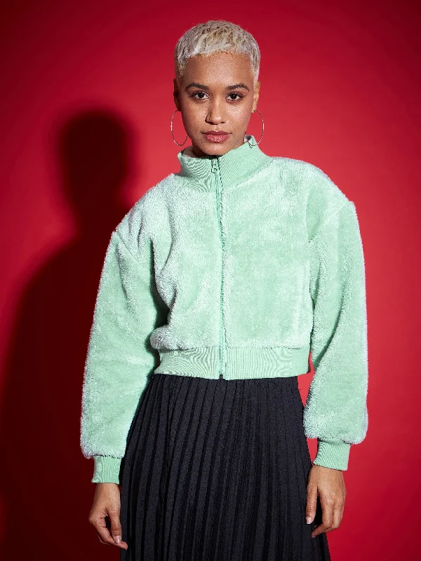 Women's quilted puffer jackets in a cropped silhouette for a modern twistWomen Green Fur High Neck Crop Bomber Jacket Women's quilted puffer jackets in a cropped silhouette for a modern twistWomen Green Fur High Neck Crop Bomber Jacket