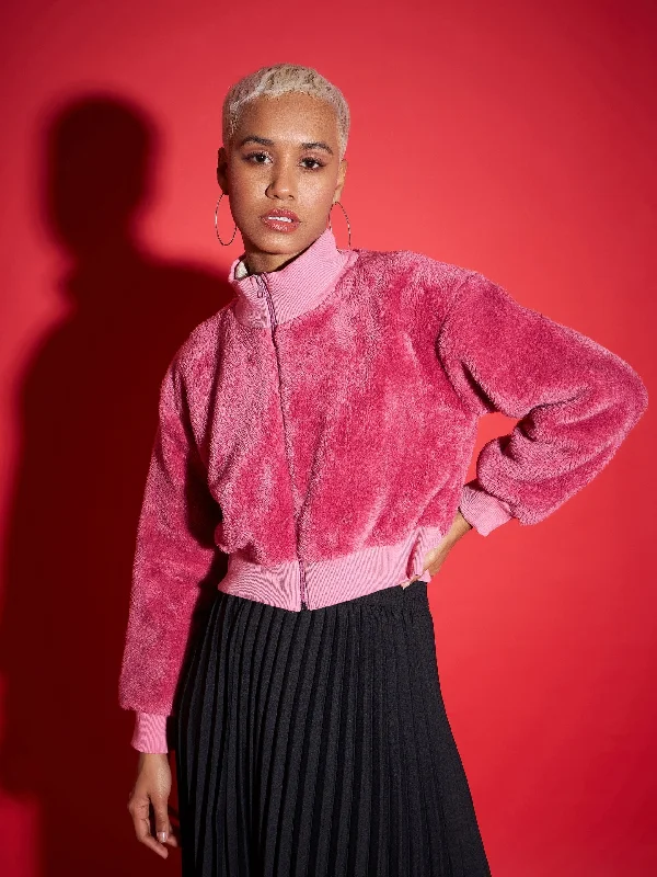 Women's bomber jackets with floral embroidery for a feminine and unique designWomen Pink Fur High Neck Crop Bomber Jacket Women's bomber jackets with floral embroidery for a feminine and unique designWomen Pink Fur High Neck Crop Bomber Jacket